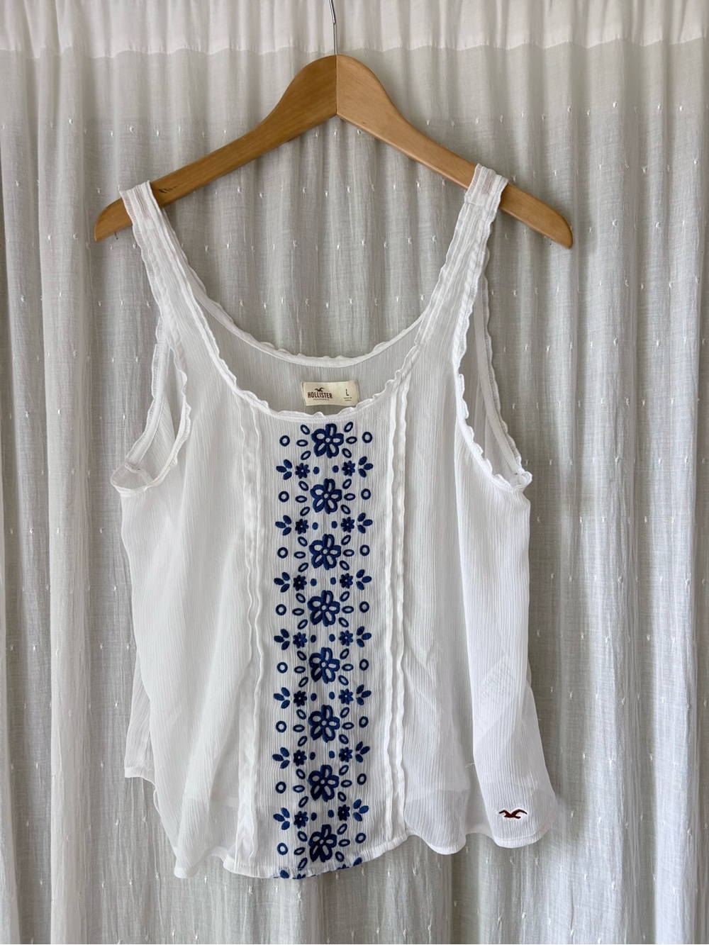 Hollister White Sheer Tank Top with Navy Floral Embroidery